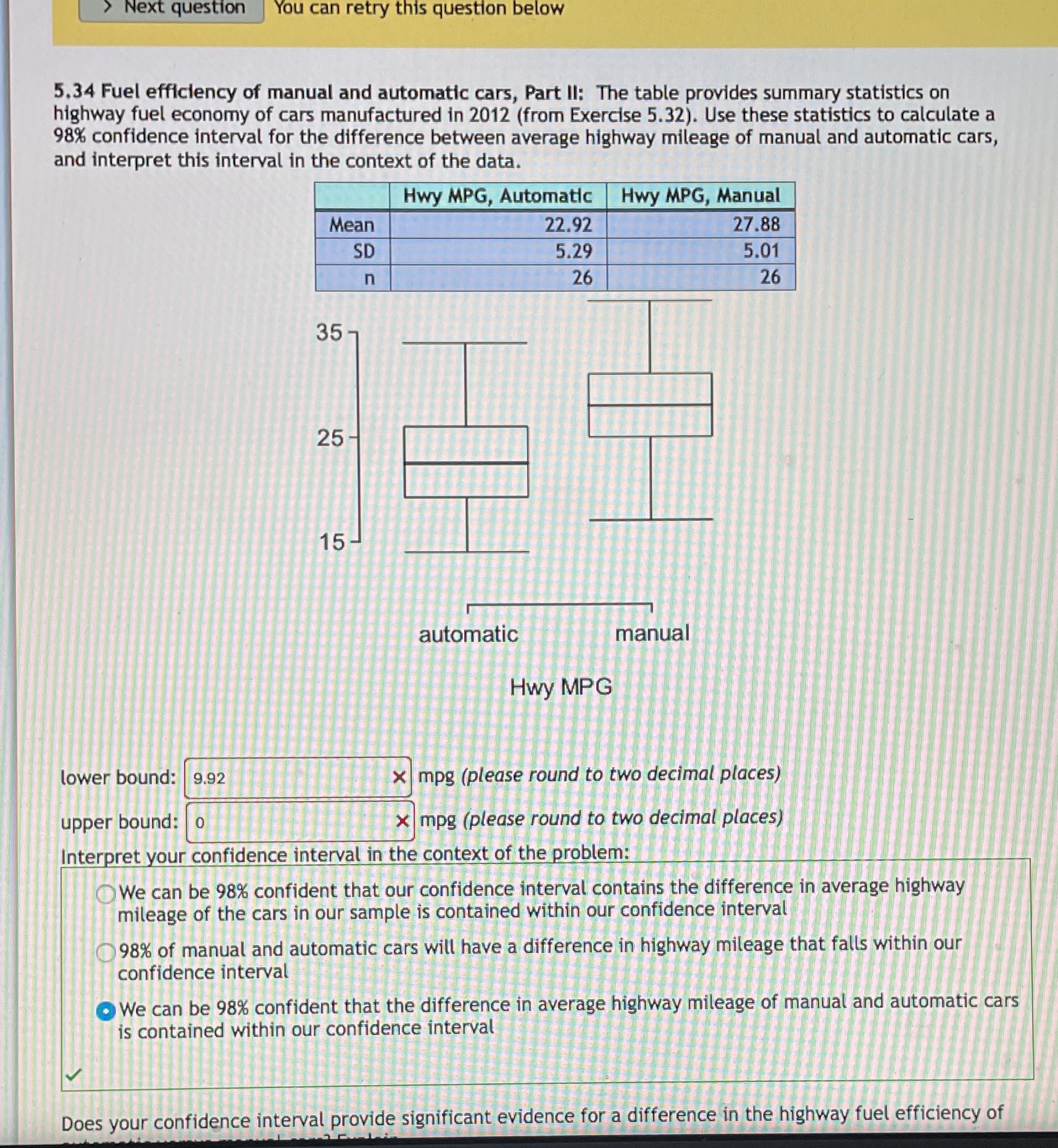Help! Next question You can retry this question below 5.34 Fuel efficiency