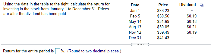  Dividendo Using the data in the table to the right calculate