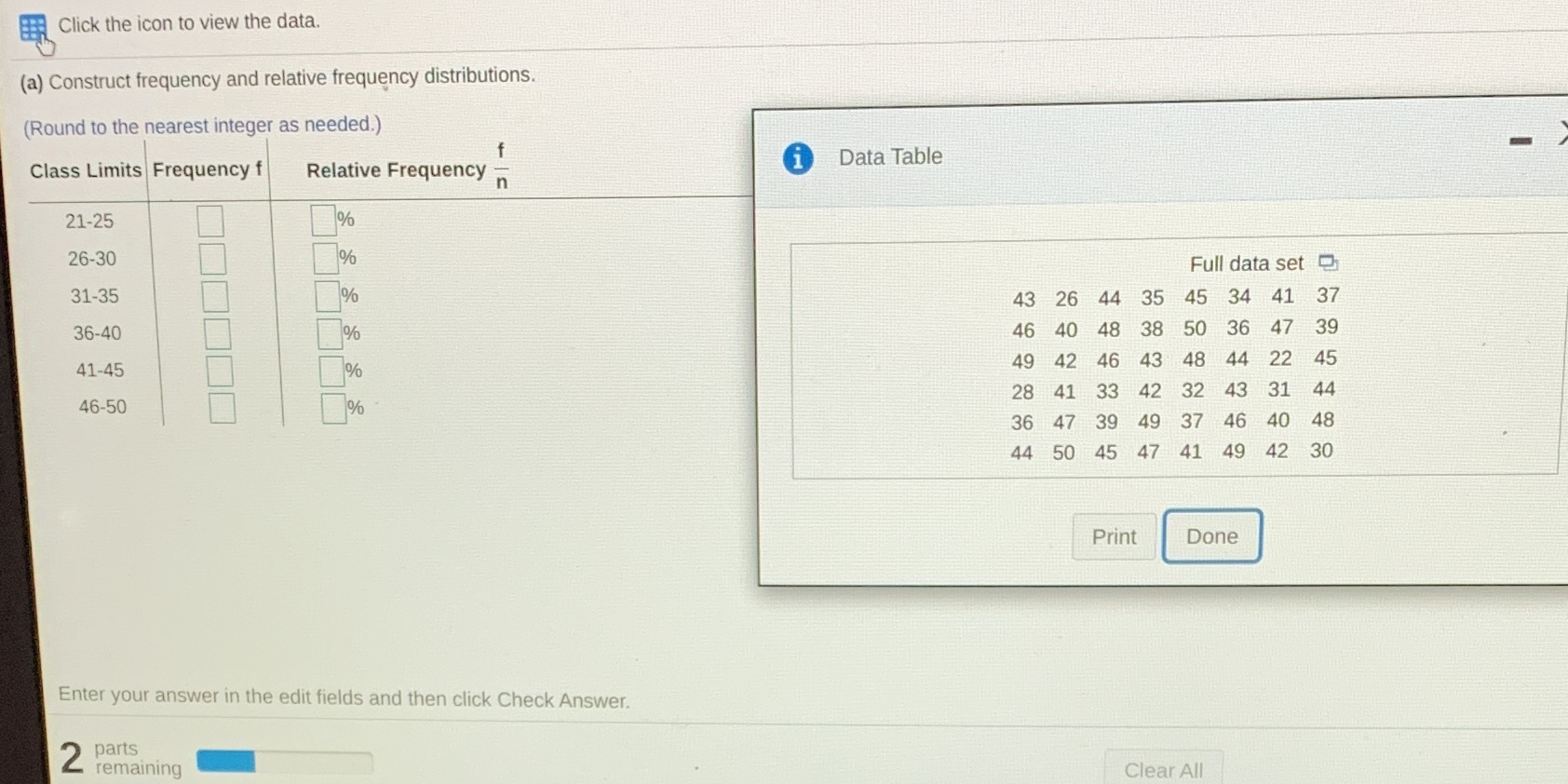  Click the icon to view the data. (a) Construct frequency and
