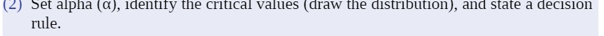 (2) Set alpha (a), identify the critical values (draw the distribution),