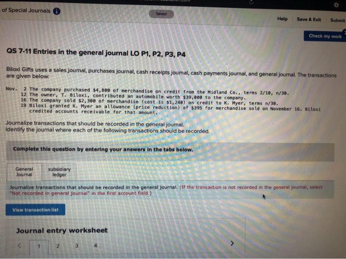  of Special Journals Saved Help Save & Exit Submit Check my