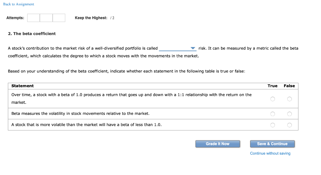 Back to Assignment Attempts: Keep the Highest: /2 2. The beta