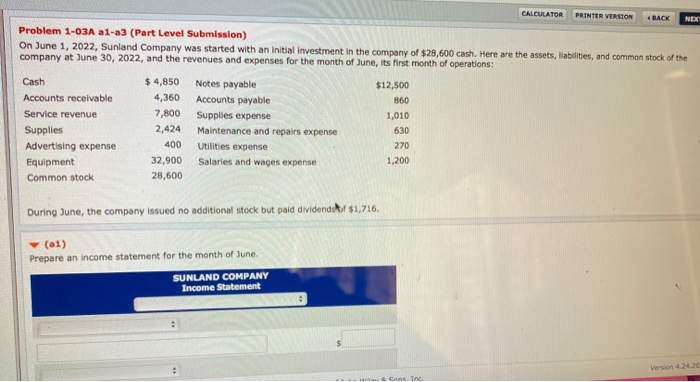  CALCULATOR PRINTER VERSION 4 RACK NDA Problem 1-03A a1-a3 (Part Level
