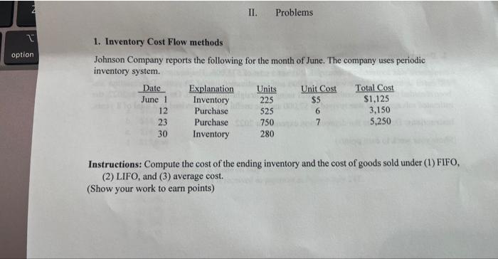  II. Problems 1. Inventory Cost Flow methods Johnson Company reports the