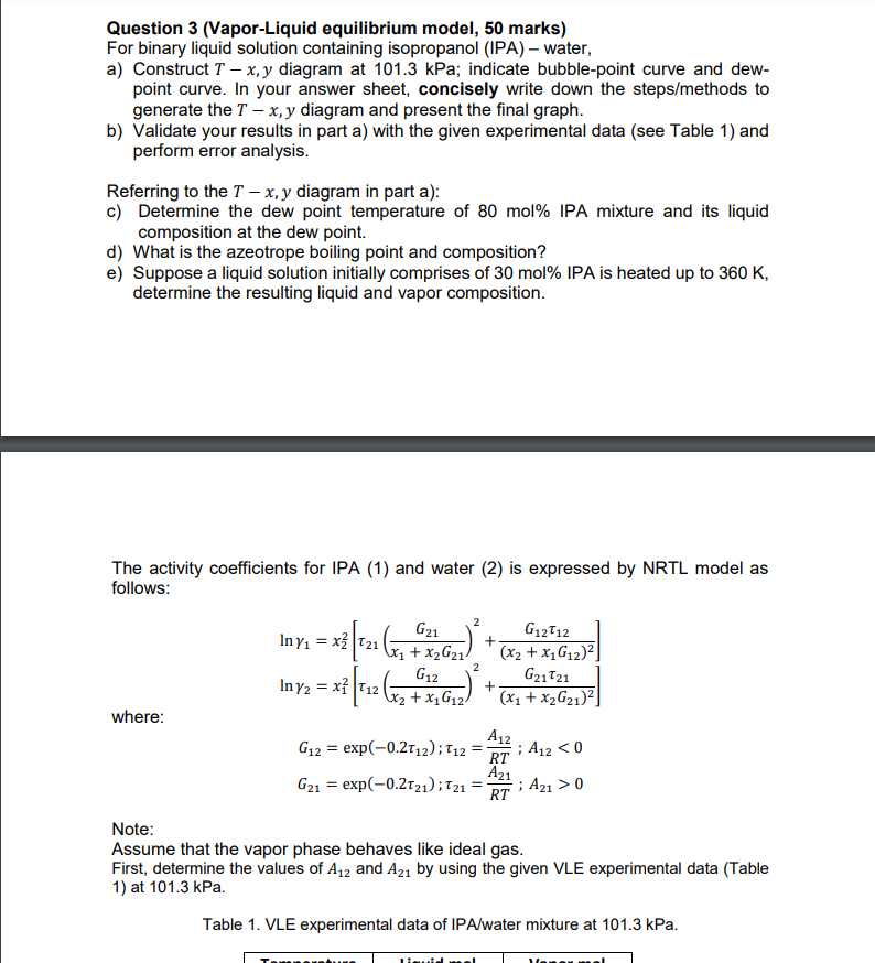  Question 3 (Vapor-Liquid equilibrium model, 50 marks) For binary liquid solution