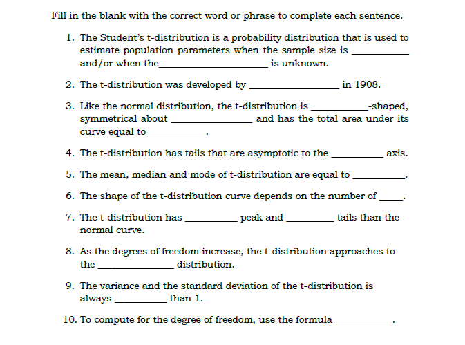 a check mark [J] if the state-ent is true about the tdistribution