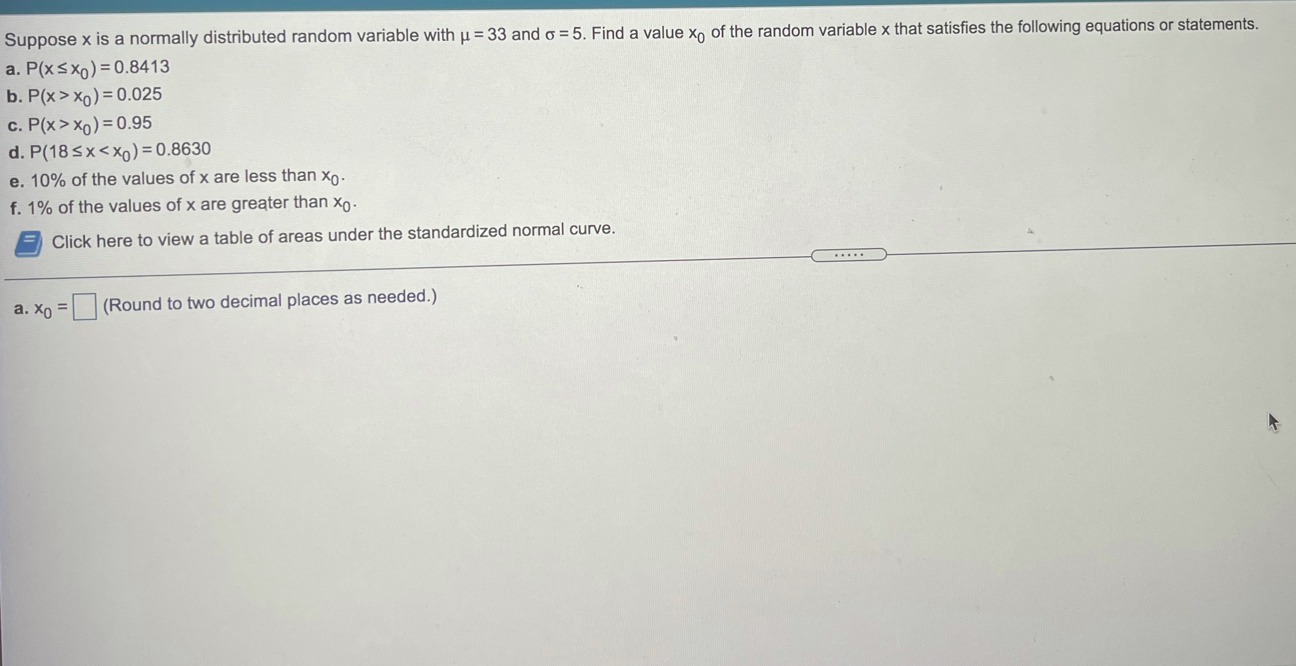  Suppose x is a normally distributed random variable with u =