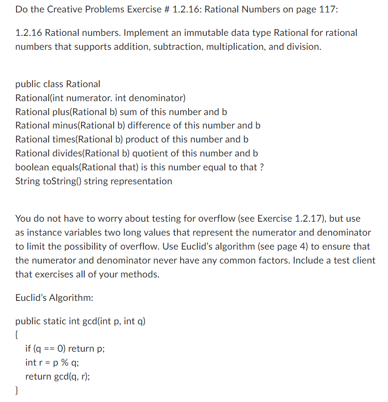 an immutable data type Rationa 1 for rational numbers that supports addition,
