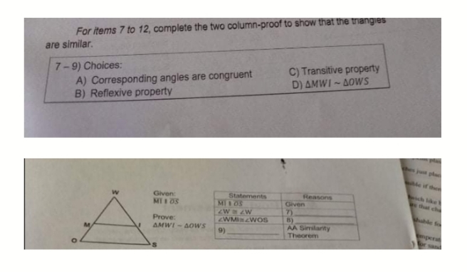 pls answer For items 7 to 12, complete the two column-proof to