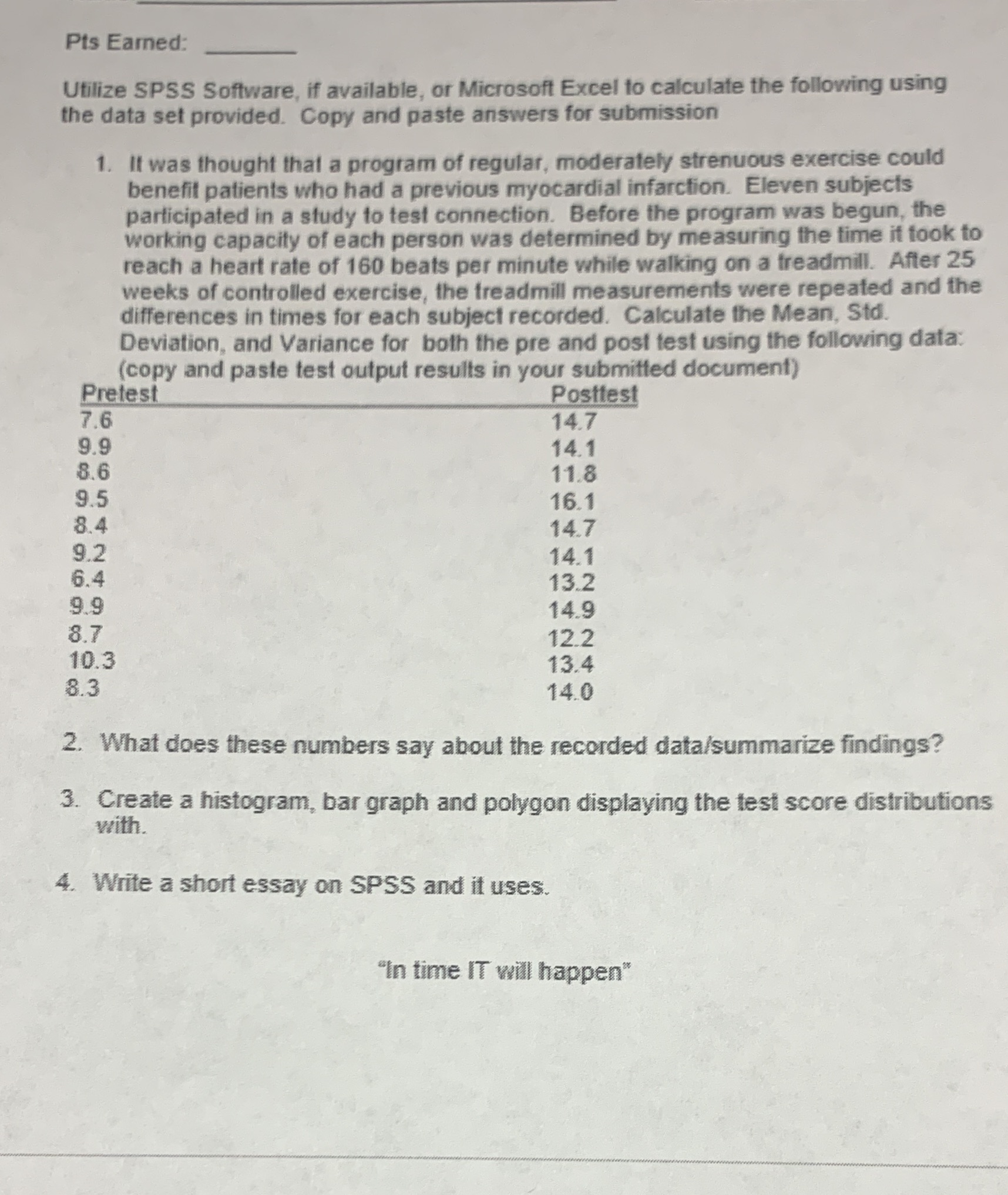  Pts Earned: Utilize SPSS Software, if available, or Microsoft Excel to