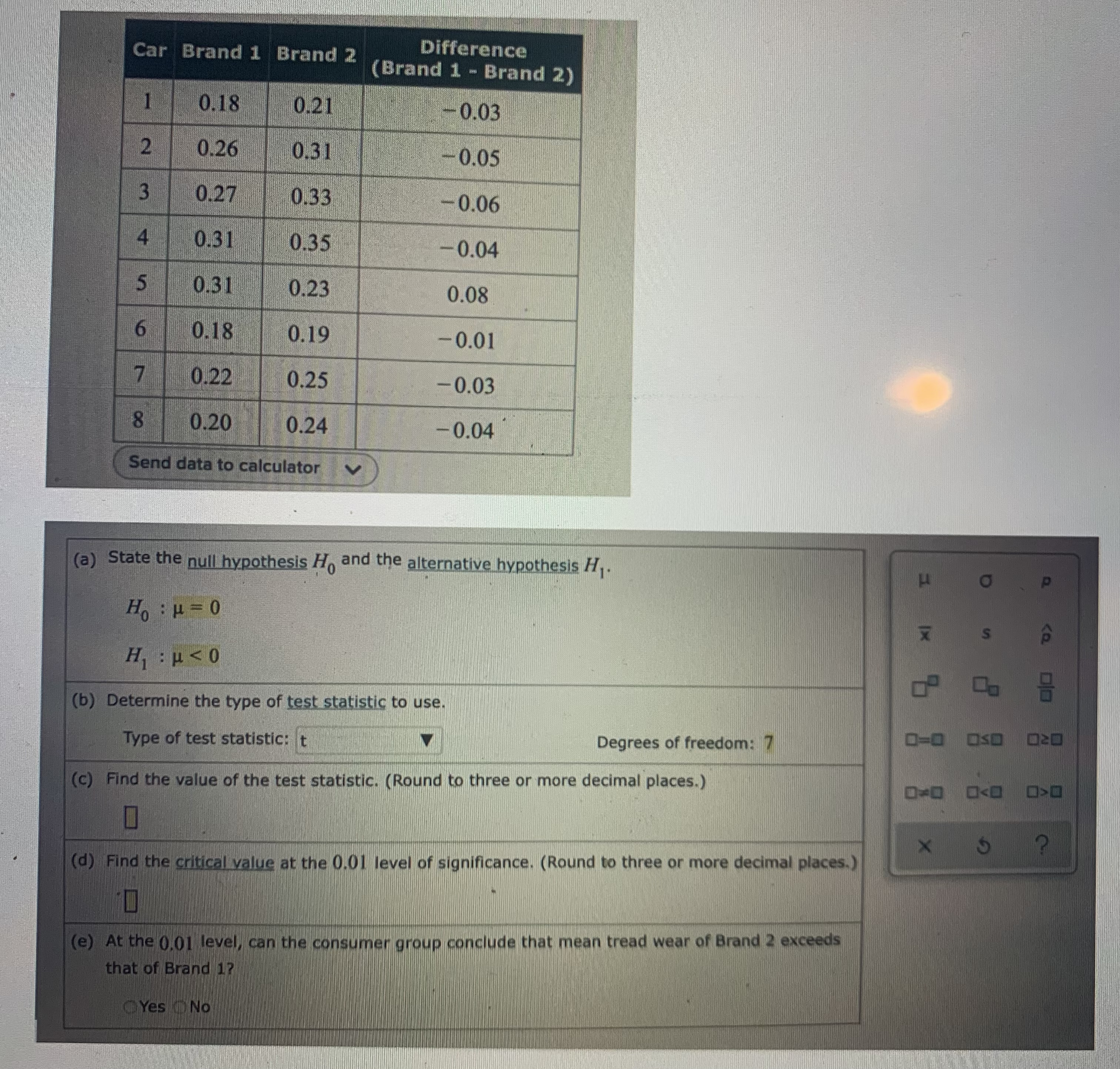 A consumer products testing group is evaluating two competing brands of tires,