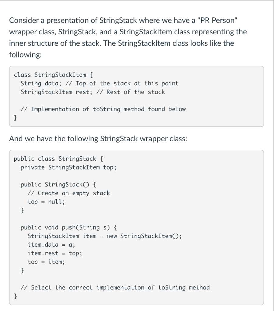  Consider a presentation of StringStack where we have a "PR Person"