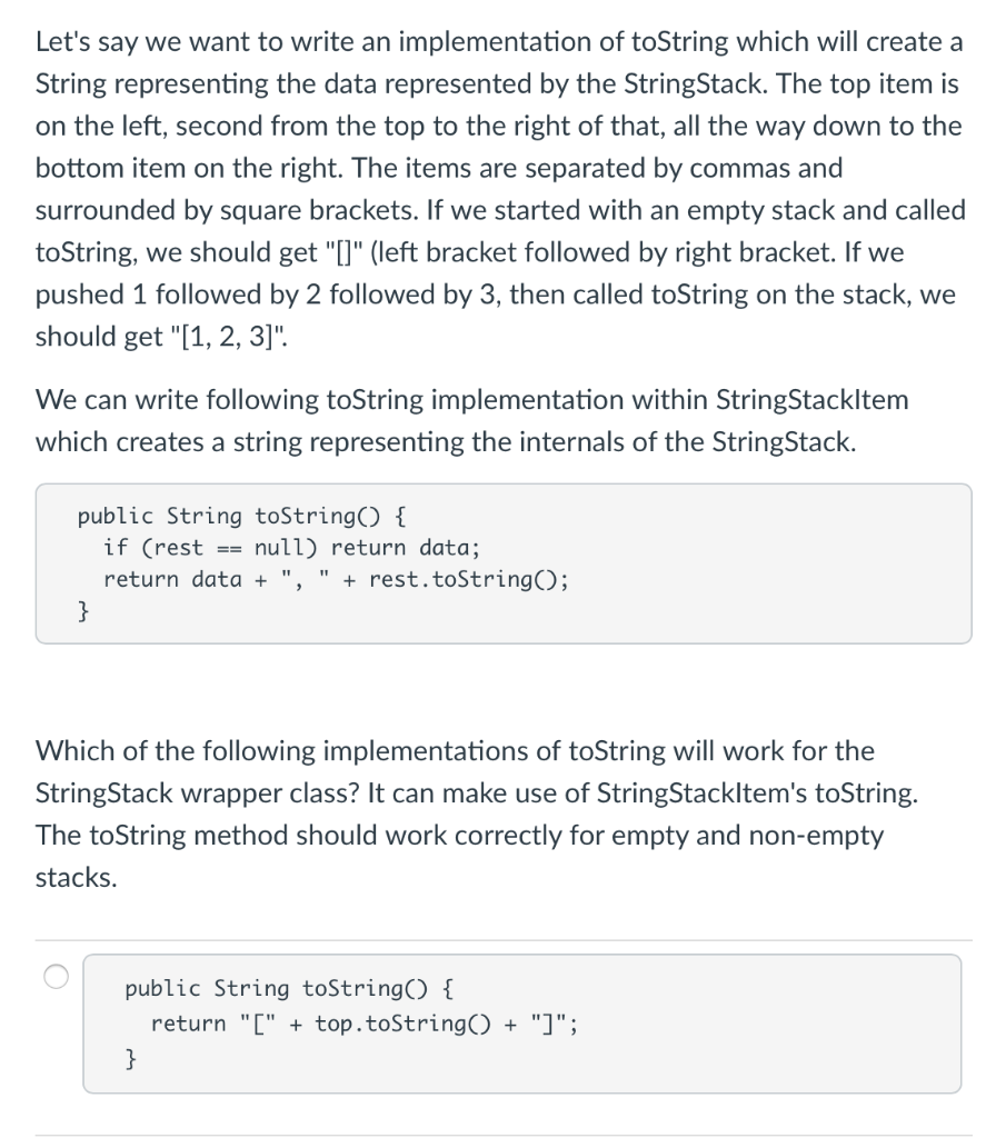 wrapper class, StringStack, and a StringStackltem class representing the inner structure of