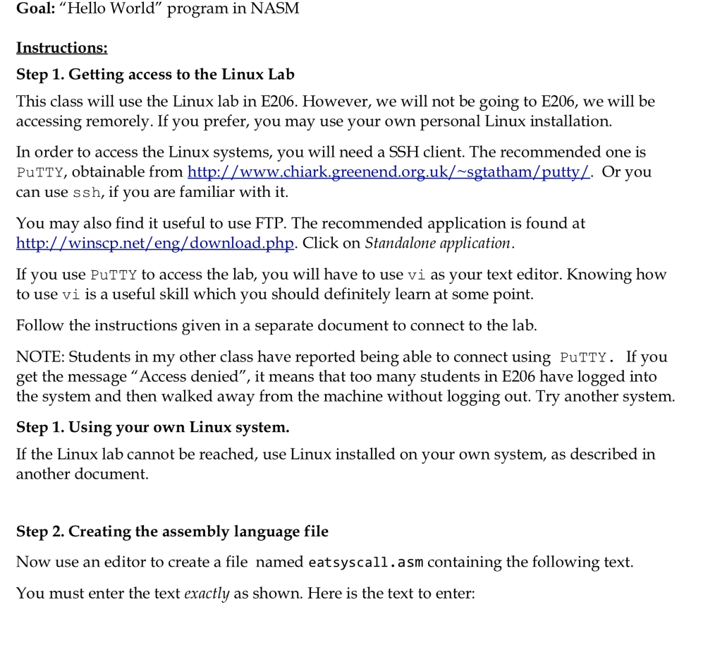  Goal: "Hello World" program in NASM Step 1. Getting access to