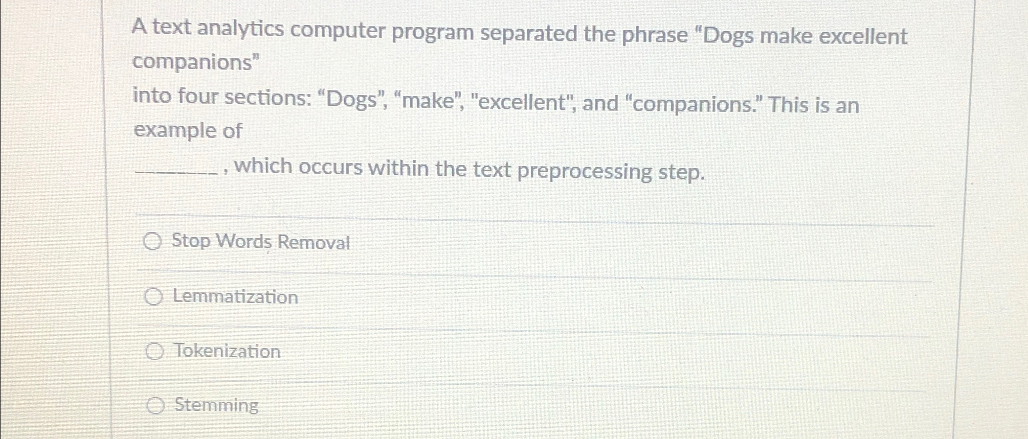  A text analytics computer program separated the phrase "Dogs make excellent