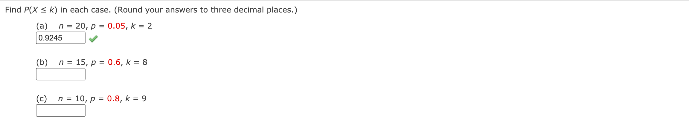 p = 0.4. Find the following values. (Round your answers to three