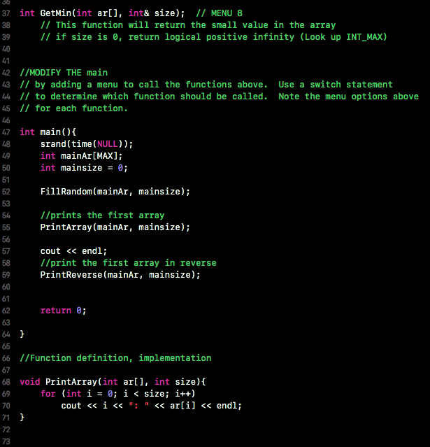 function declarations, and modify the main to have a menu and call