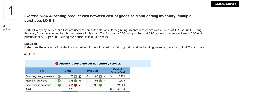 Return to question 1 Exercise 5-3A Allocating product cost between cost