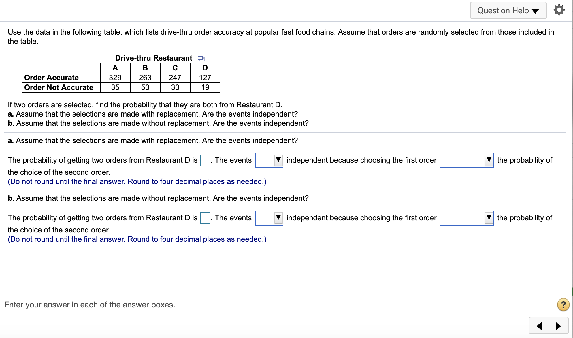  Question Help V a Use the data in the following table,