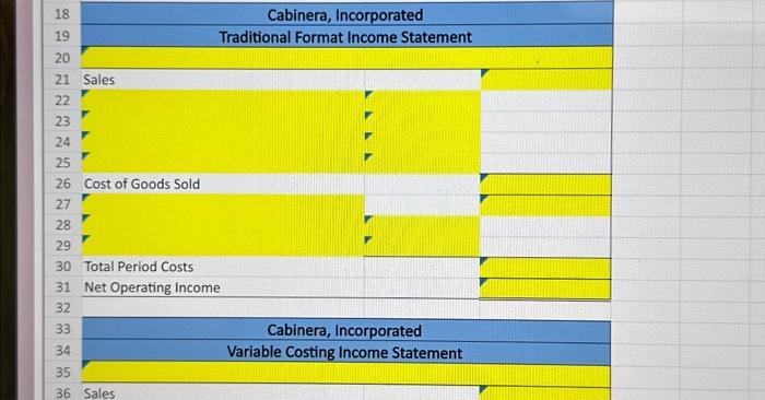 for Cabinera, Incorporated. Required: 1. Prepare a Traditional Income Statement (Absorption Costing).