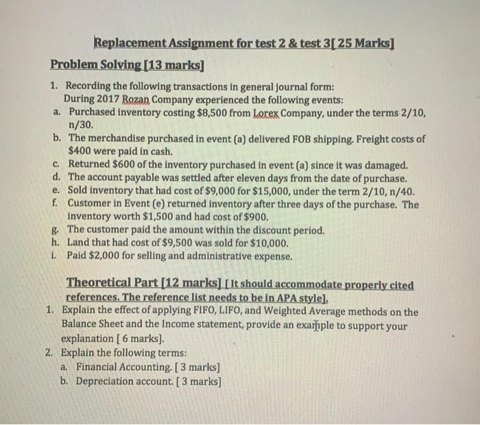  Replacement Assignment for test 2 & test 3[ 25 Marks] Problem