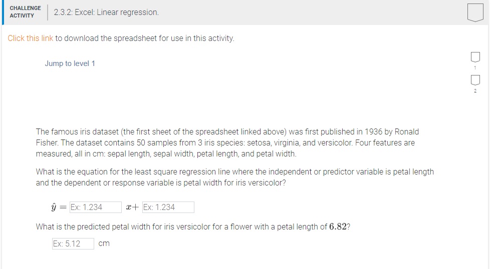  CHALLENGE ACTIVITY 2.3.2: Excel: Linear regression. Click this link to download