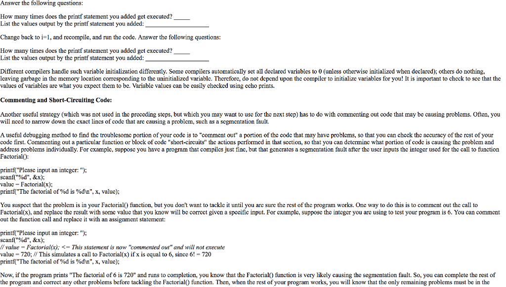 in an existing program (HW4_debug.c) and answering short questions about the results.
