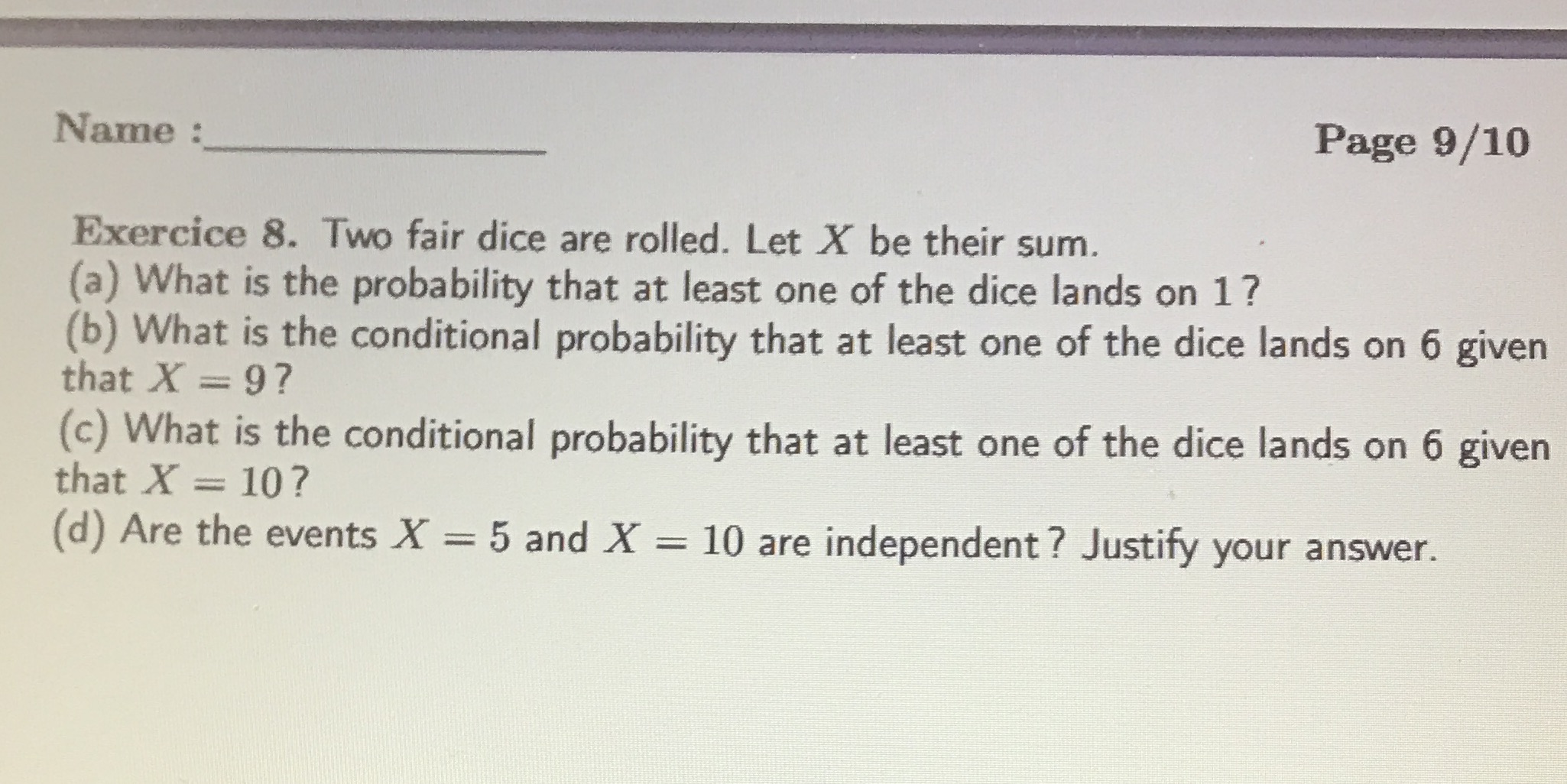 Help me please Name : Page 9/10 Exercice 8. Two fair dice