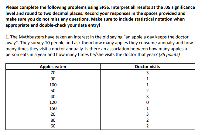  Please complete the following problems using SPSS. Interpret all results at