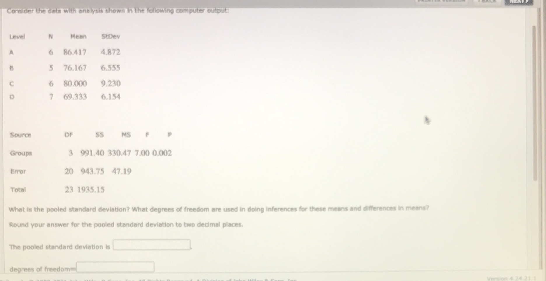  Consider the date with analysis shown in the following computer output