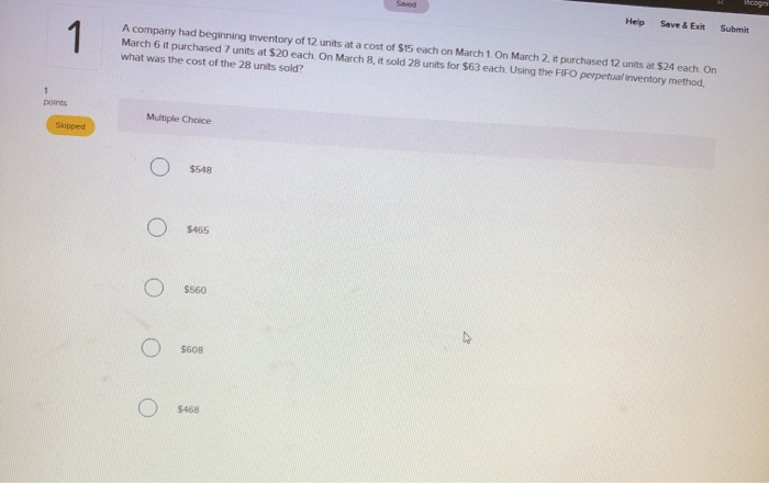 chapter 5 quiz Help Save & Exit Submit A company had beginning