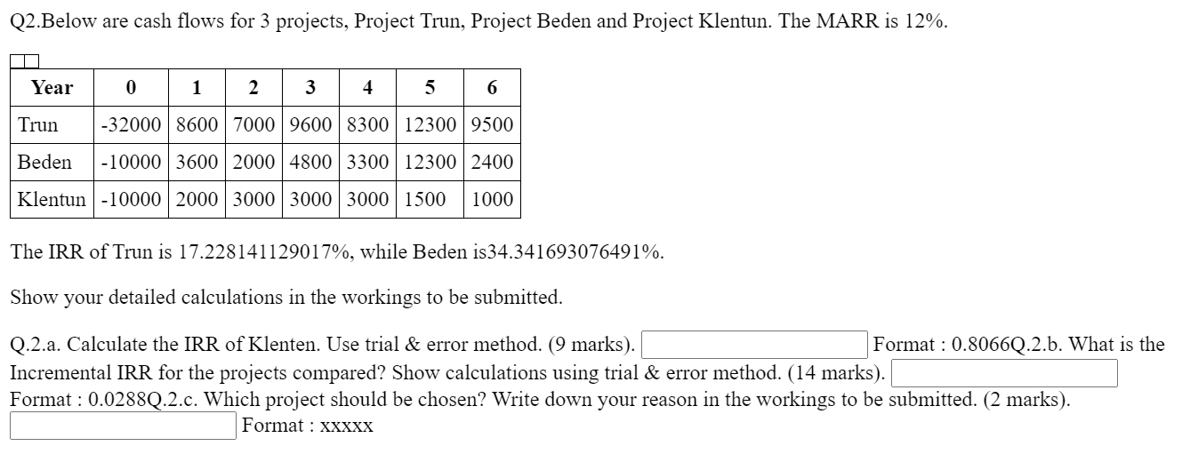  Q2.Below are cash flows for 3 projects, Project Trun, Project Beden