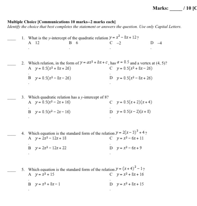  Marks: / 10 |C Multiple Choice [Communications 10 marks--2 marks each]