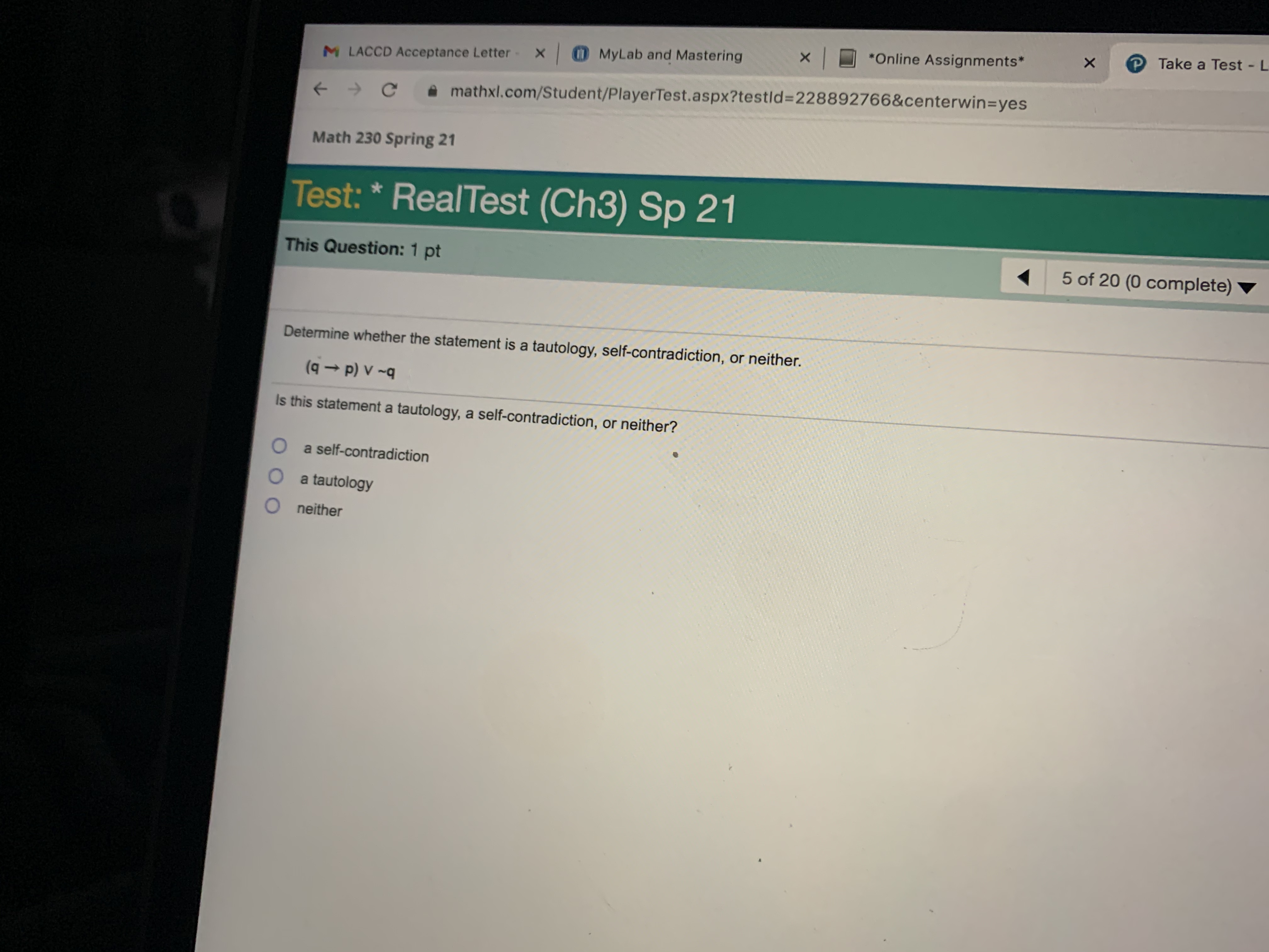 21 Test: * RealTest (Ch3) Sp 21 4 of 20 (0 complete)