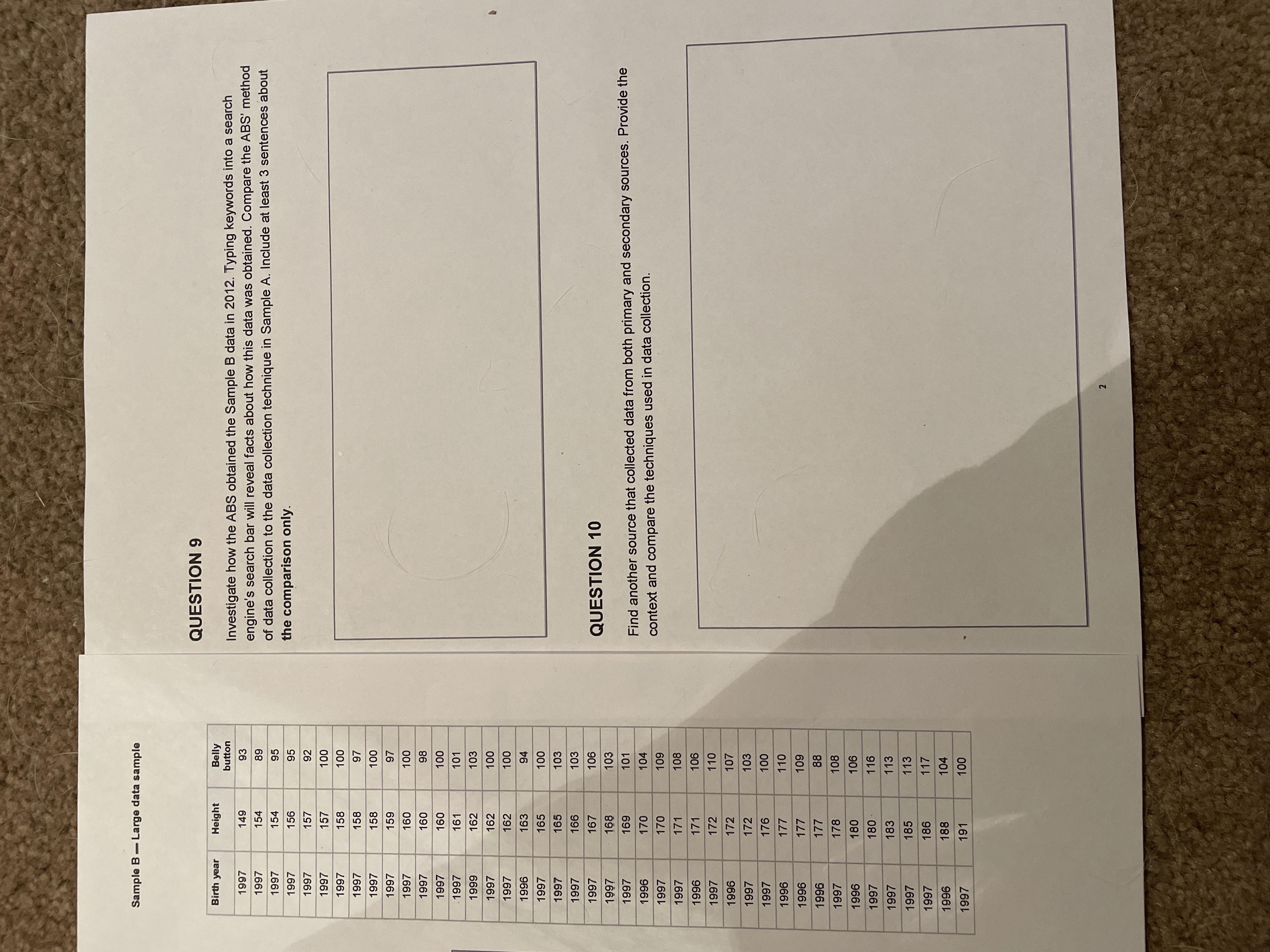  Sample B - Large data sample QUESTION 9 Birth year Height