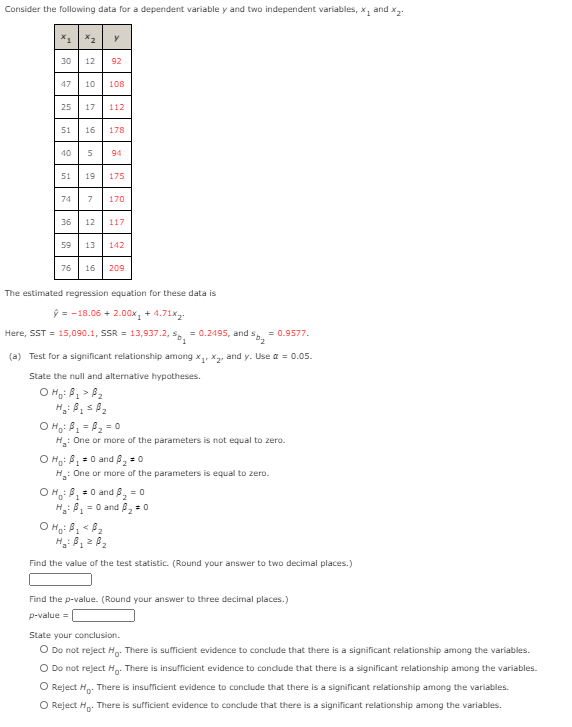  Consider the following data for a dependent variable y and two