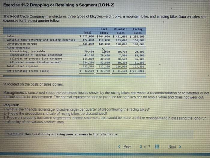  Exercise 11-2 Dropping or Retaining a Segment (LO11-2] The Regal Cycle