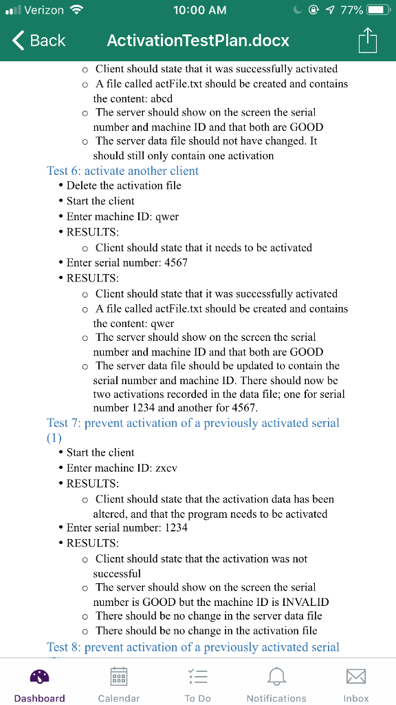 (Visual Studios) . Verizon @ 4 77% 10:00 AM ActivationTestPlan.docx #include #include