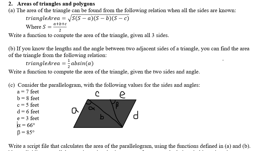 Write the code using matlab coding 2. Areas of triangles and polygons