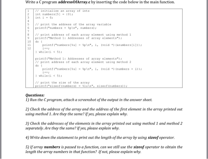 Please code in C language Write a C program addressOfArray.c by