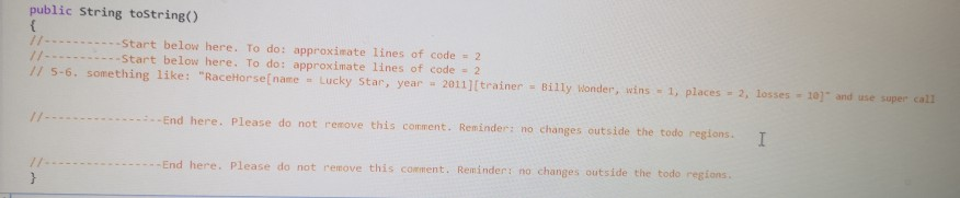 horse = new RaceHorse("Blaze", 2009, "Charles Chase"); horse.record(2) ; horse.record(); horse.record(); horse.record(2)