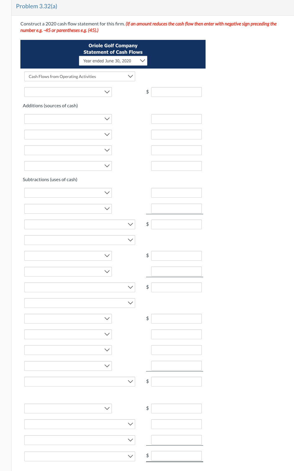  Problem 3.32(a) Construct a 2020 cash flow statement for this firm.