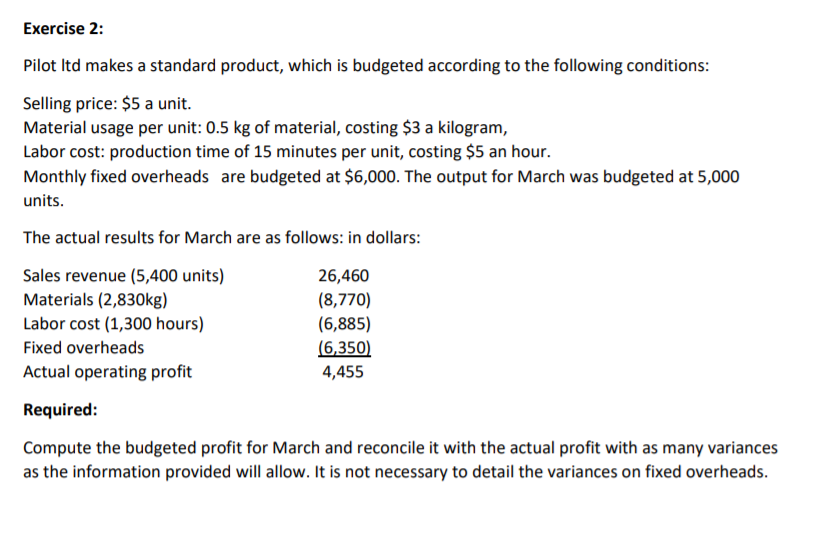 Exercise 2: Pilot Itd makes a standard product, which is budgeted