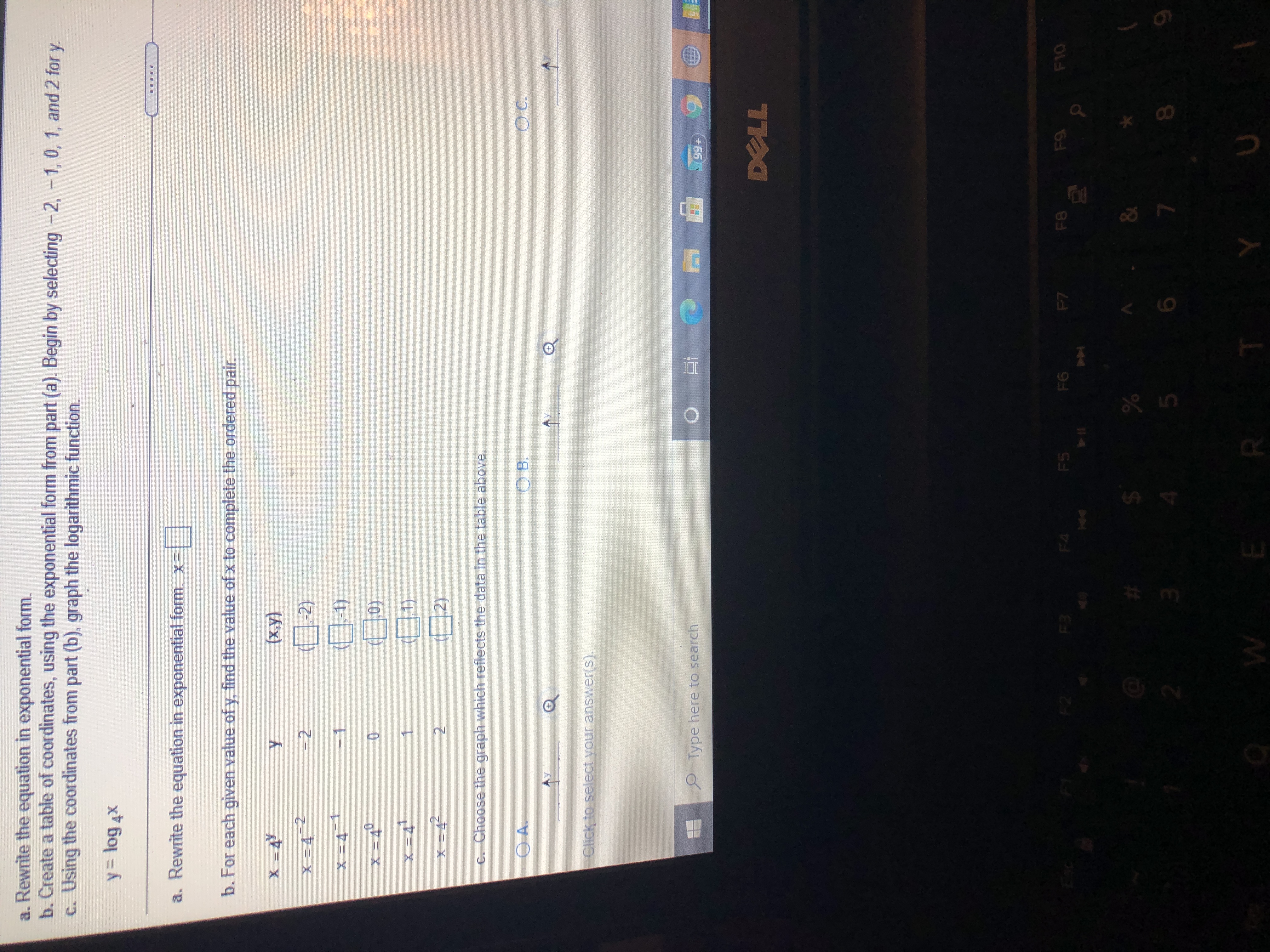  a. Rewrite the equation in exponential form. b. Create a table