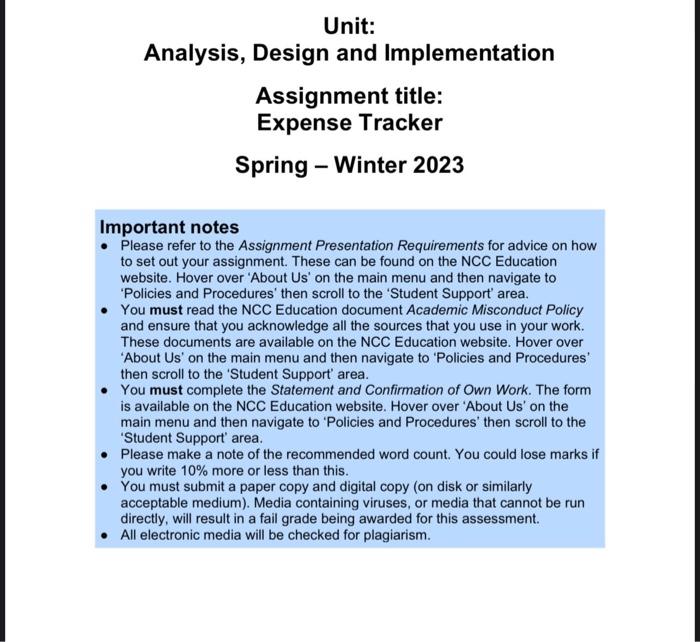 Unit: Analysis, Design and Implementation Assignment title: Expense Tracker Spring -