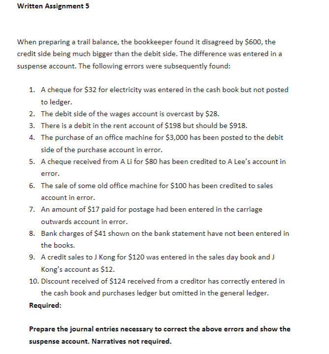  Written Assignment 5 When preparing a trail balance, the bookkeeper found