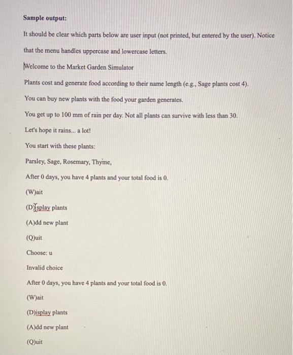 a list of plants, which each generate "food" according to their name