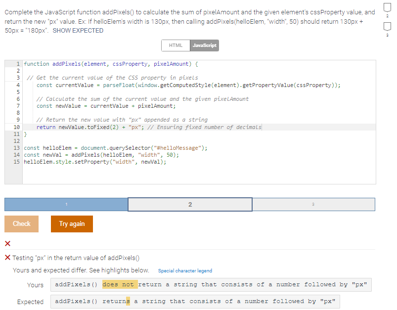  Complete the JavaScript function addPixels() to calculate the sum of pixelAmount
