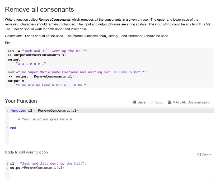 MATLAB Remove all consonants Write a function called RemoveConsonants which removes all