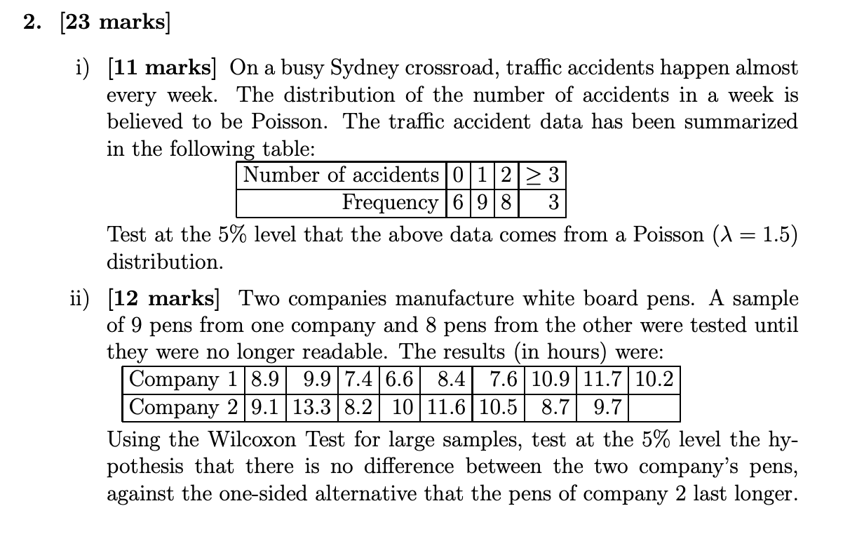 Statistical Inference 2. [23 marks] i) [11 marks] On a busy Sydney